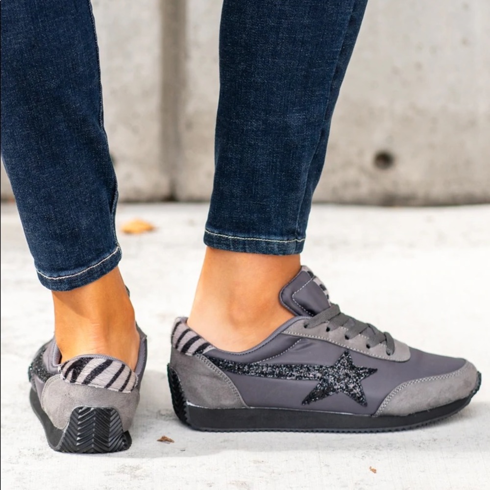 Vintage Grey Sequin Star & Zebra Stripe Sneakers - Picture 4 of 8